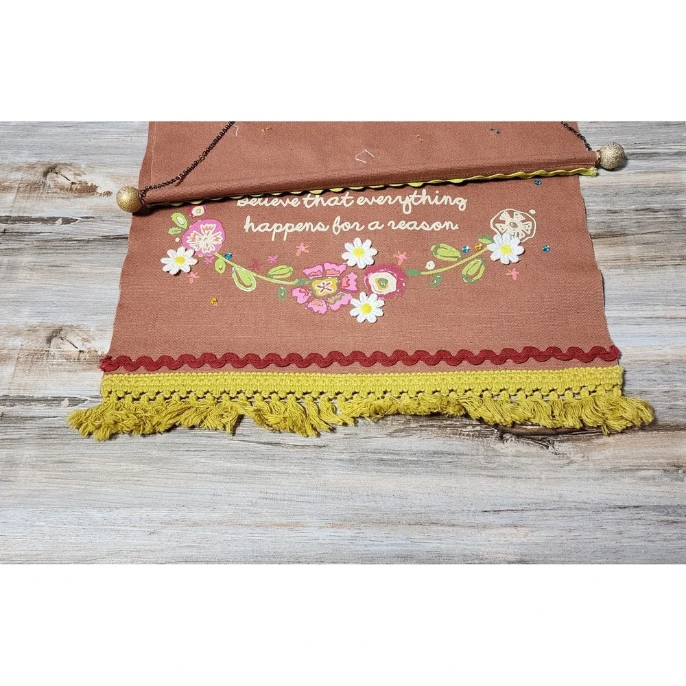 Natural Life Give Happy Believe Wall Hanging Canvas Scroll Floral Tassel 14x22